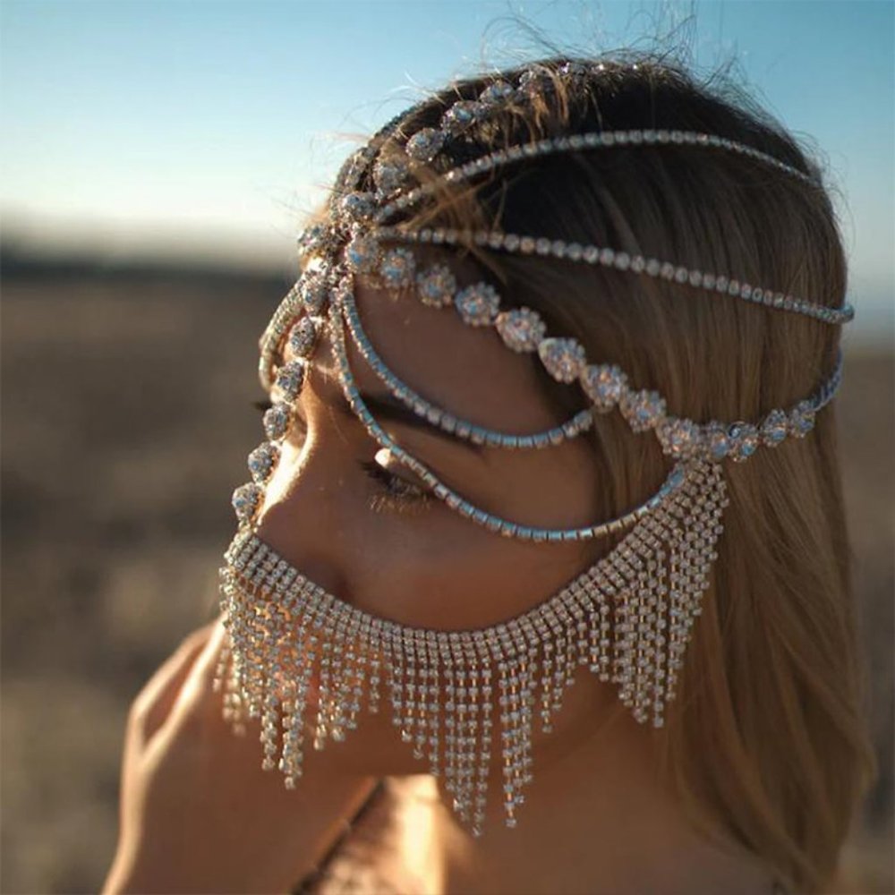 Rhinestone Fringe Jewelry Chain Mask Halloween Headpiece Accessories for Women - Picture 3 of 11